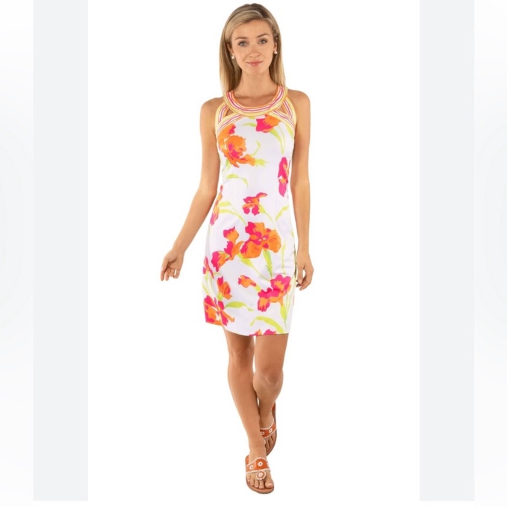 Gretchen Scott Designs White Floral Mini Dress with Pink & Orange Accents